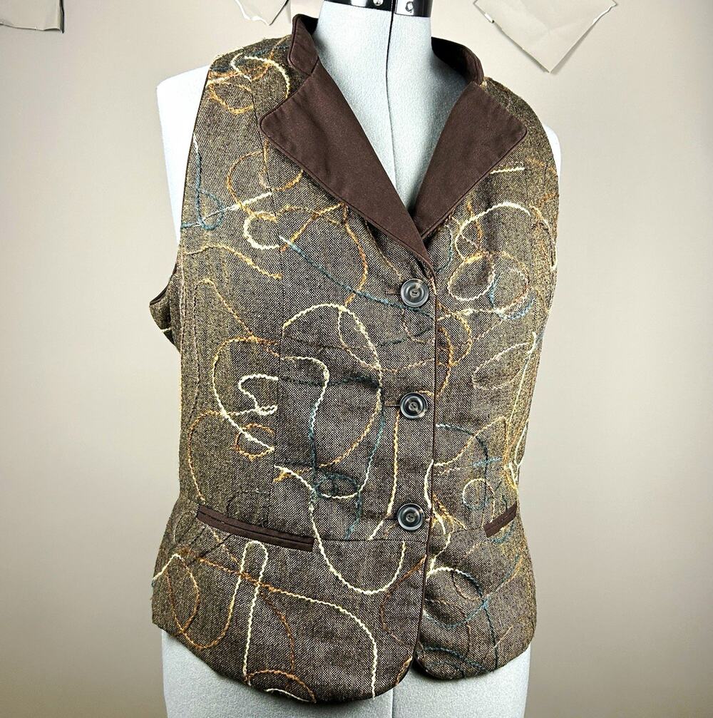 Coldwater Creek Brown Tweed Button Front Collared Lined Sweater Vest 18 4004830